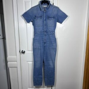Good American Women 4 Denim Jumpsuit Blue Short Sleeve Utility Zip Front